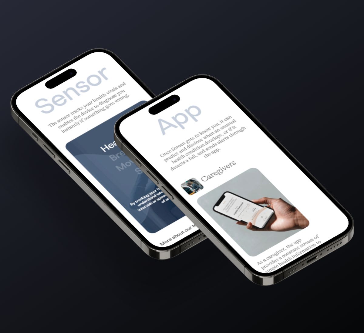 two iPhones on top of each other with the web browser open viewing the Sereen website