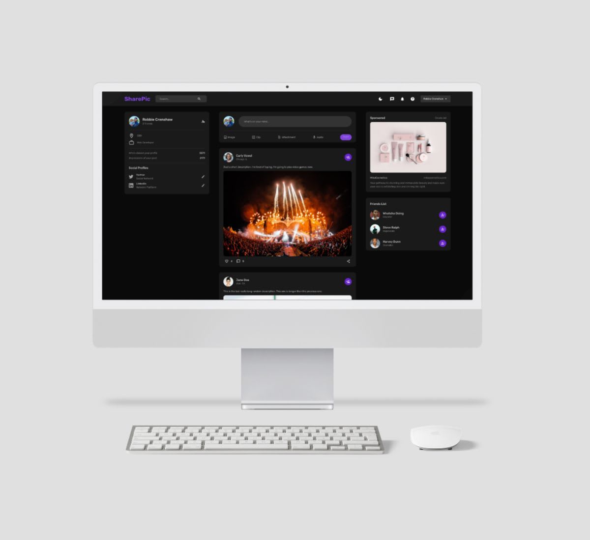 Mac desktop computer displaying the SharePic web app in dark mode