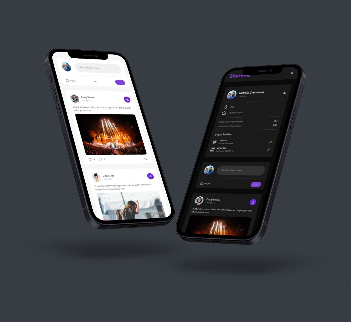 two phones displaying the SharePic social media app
