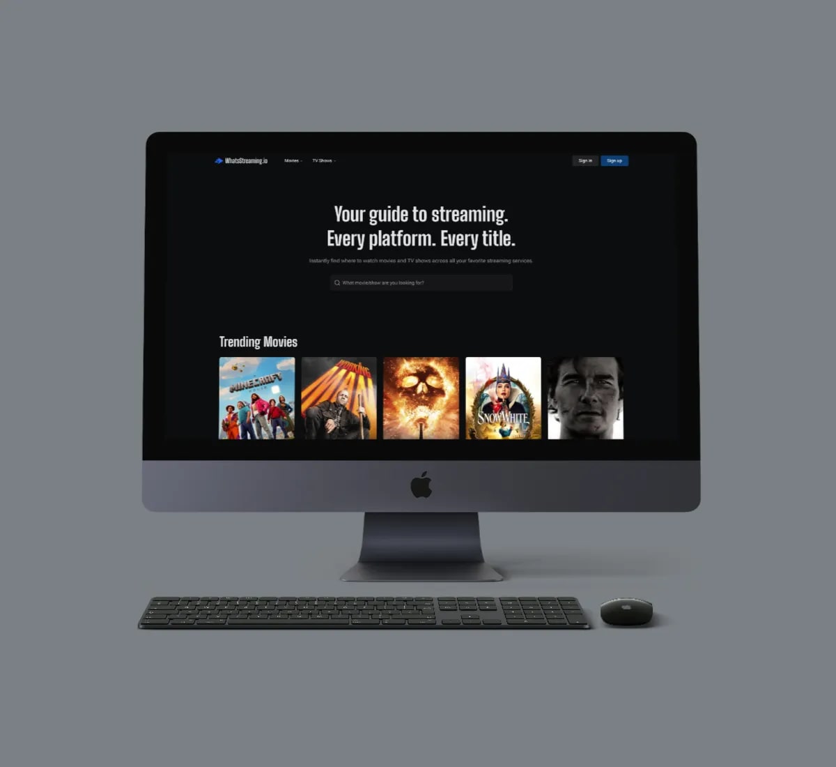 iMac computer with a browser open with the WhatsStreaming.io website