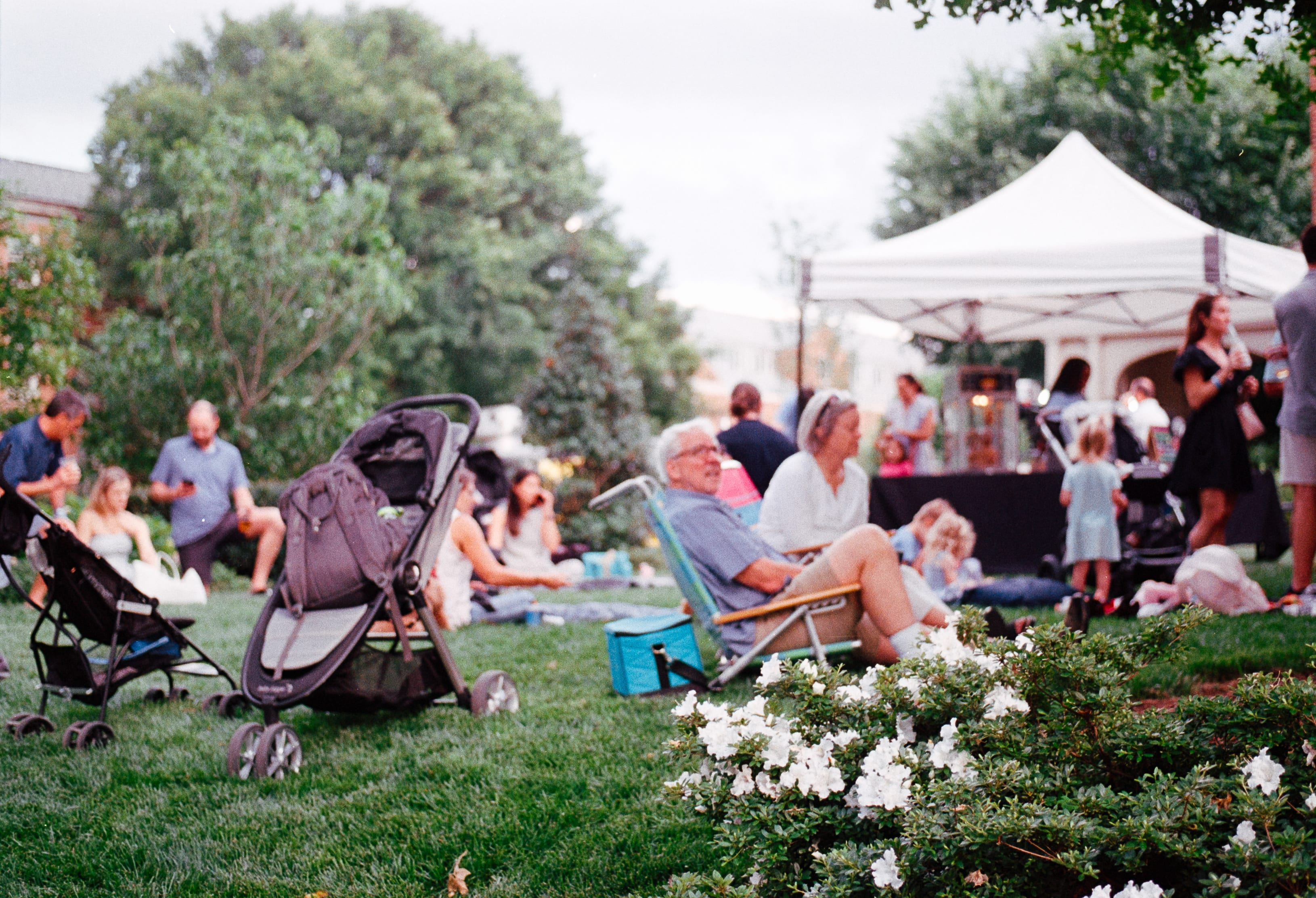 Families picnicking on a lawn beside a white tent