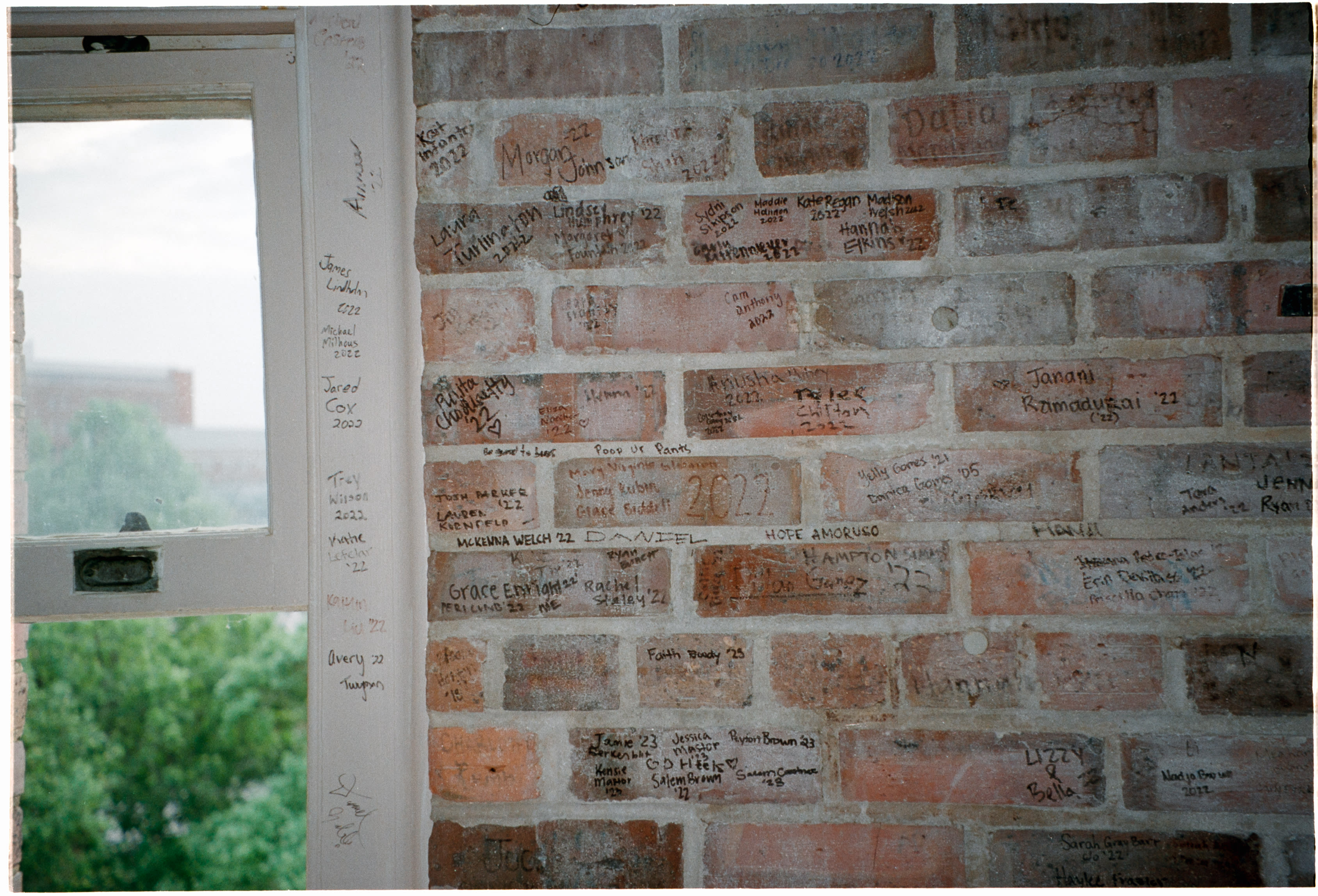 A brick wall covered in handwritten signatures beside a window