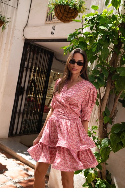 Jade Flower Satin Dress Coral