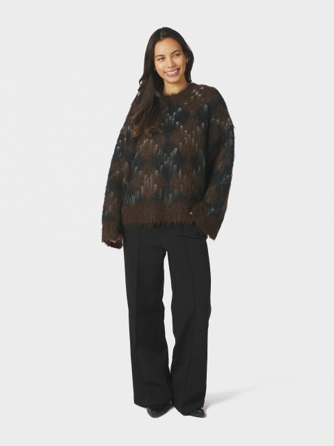 Roeme Check Fluffy Knit Blouse Dark Brown
