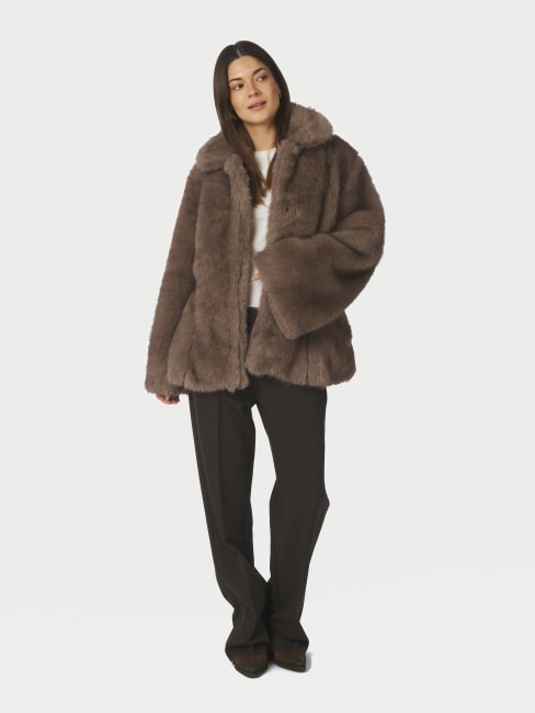 Ariella Faux Fur Peplum Jacket Warm Grey