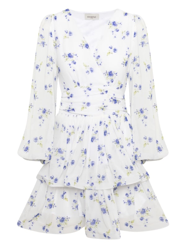 Jade Wave Chiffon Floret Dress White/Blue
