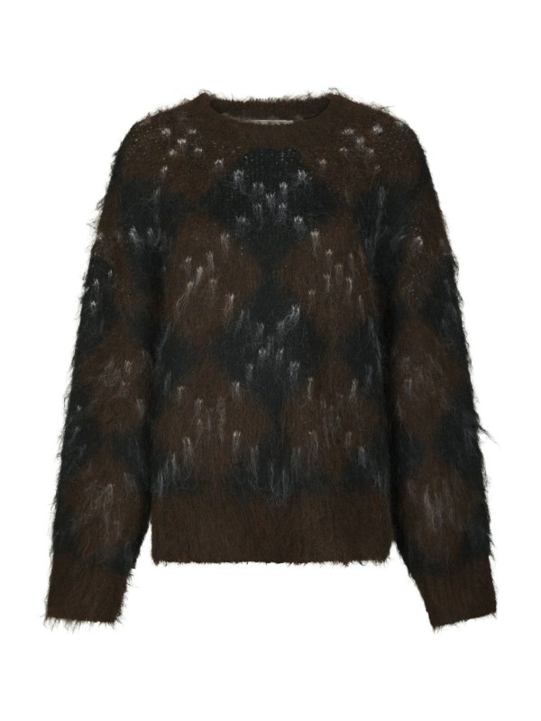 Roeme Check Fluffy Knit Blouse Dark Brown