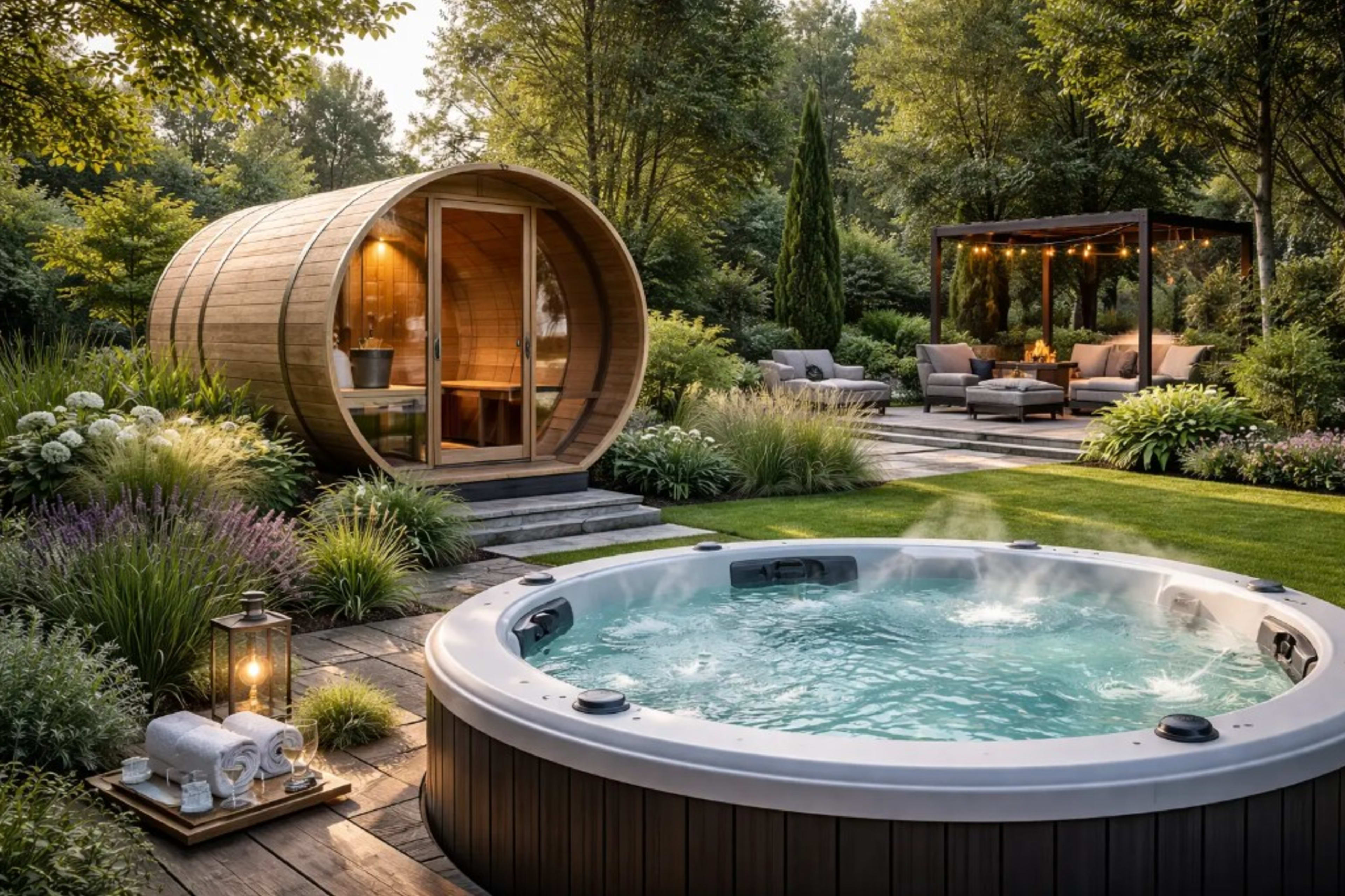 Luksusowy ogród z jacuzzi, sauną beczkową i strefą wypoczynku przy ognisku