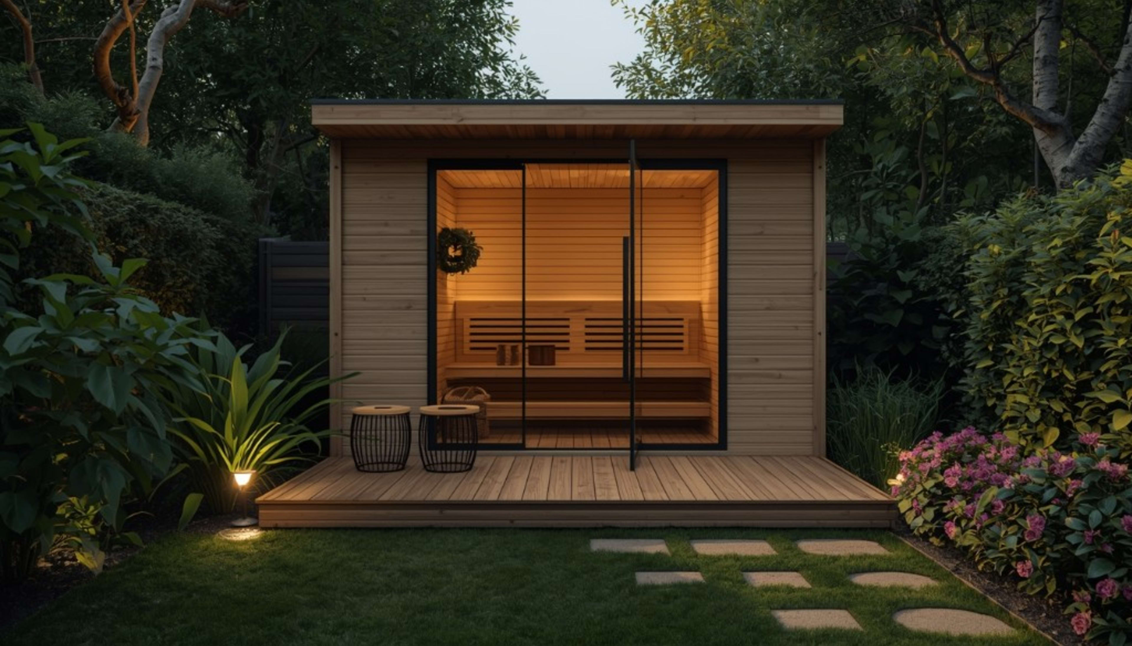 Nowoczesna sauna ogrodowa w zielonym ogrodzie