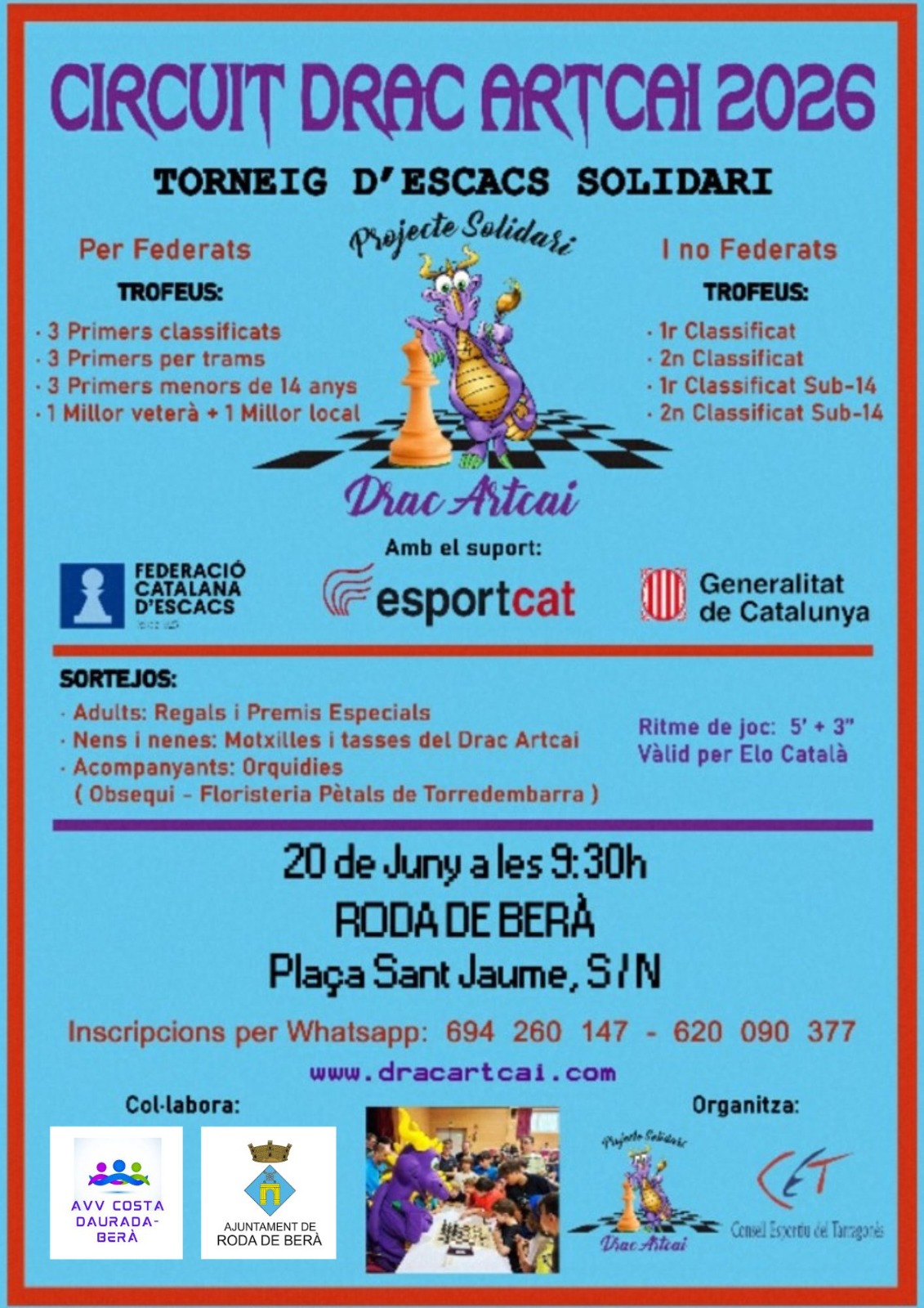 Roda de Berà acollirà el Torneig Solidari d'Escacs Drac Artcai 2026