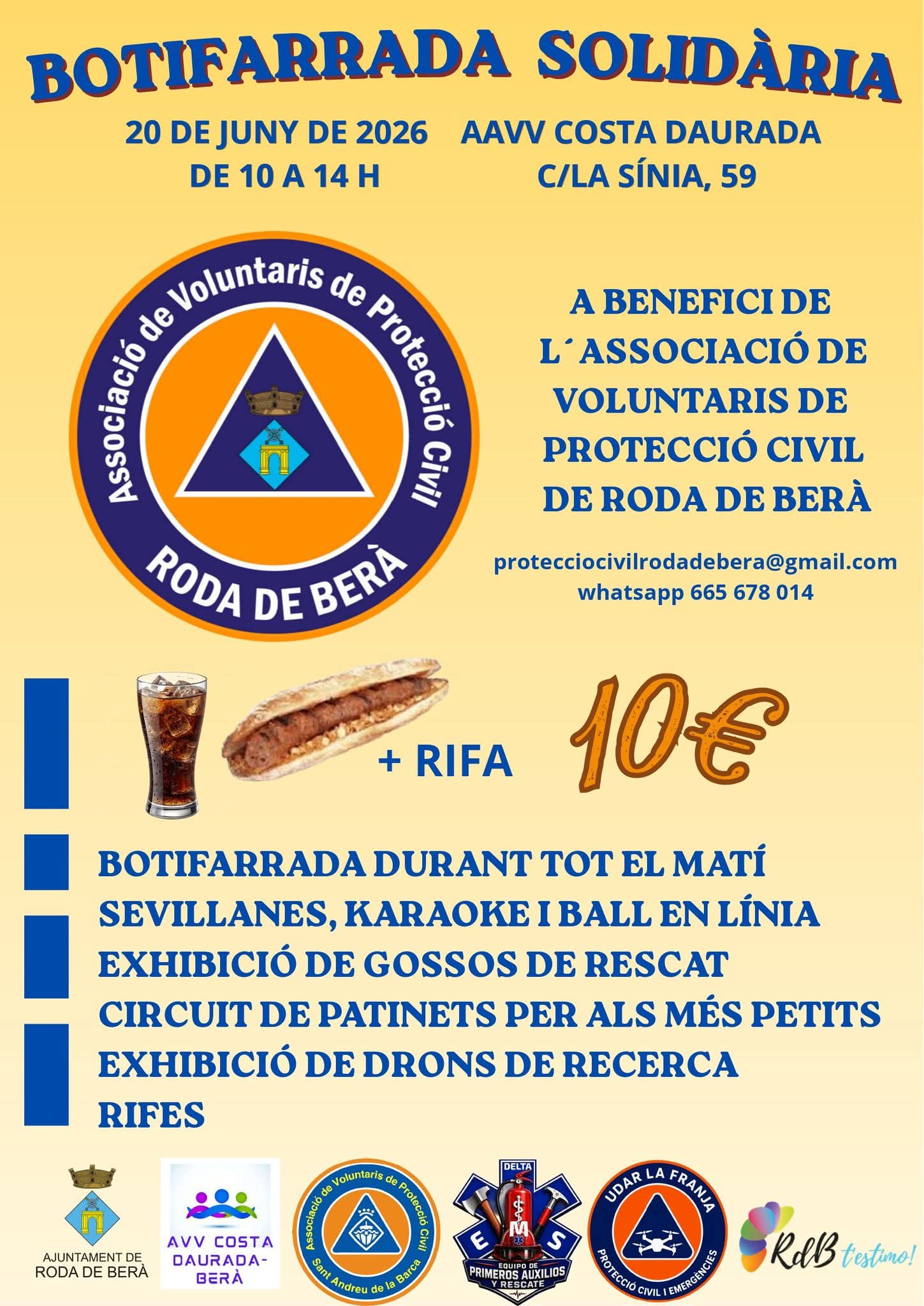 Protecció Civil de Roda de Berà impulsa campanya de donacions i convida a la Botifarrada Solidària