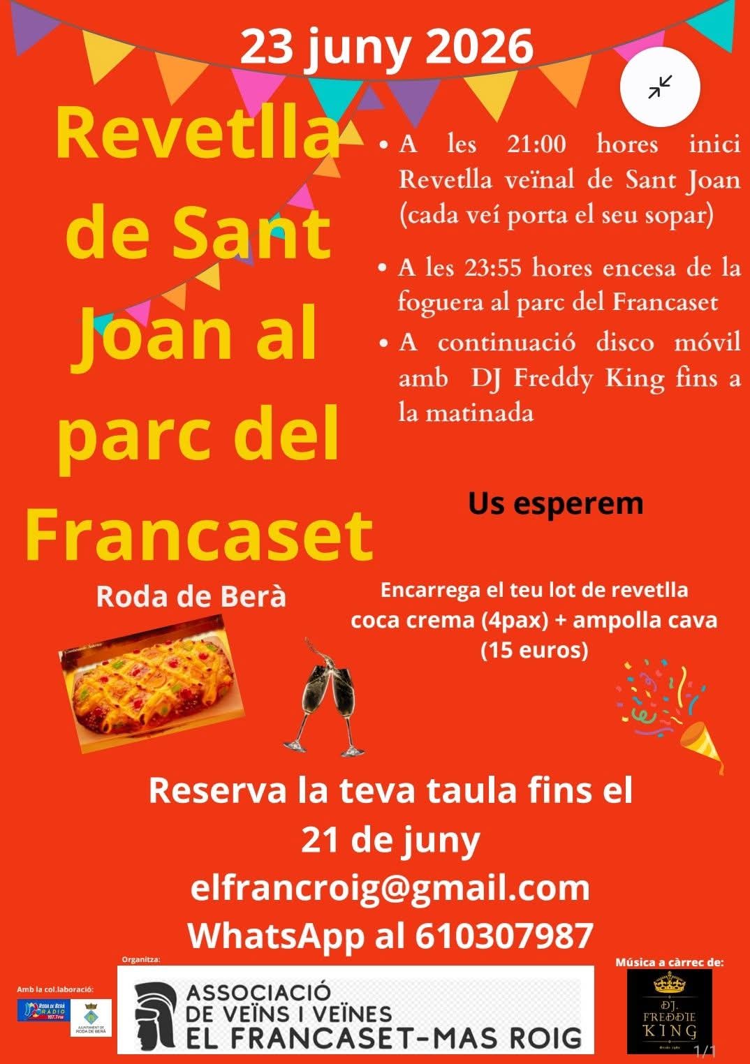 Roda de Berà celebra la Revetlla de Sant Joan amb música i foguera al Parc del Francaset