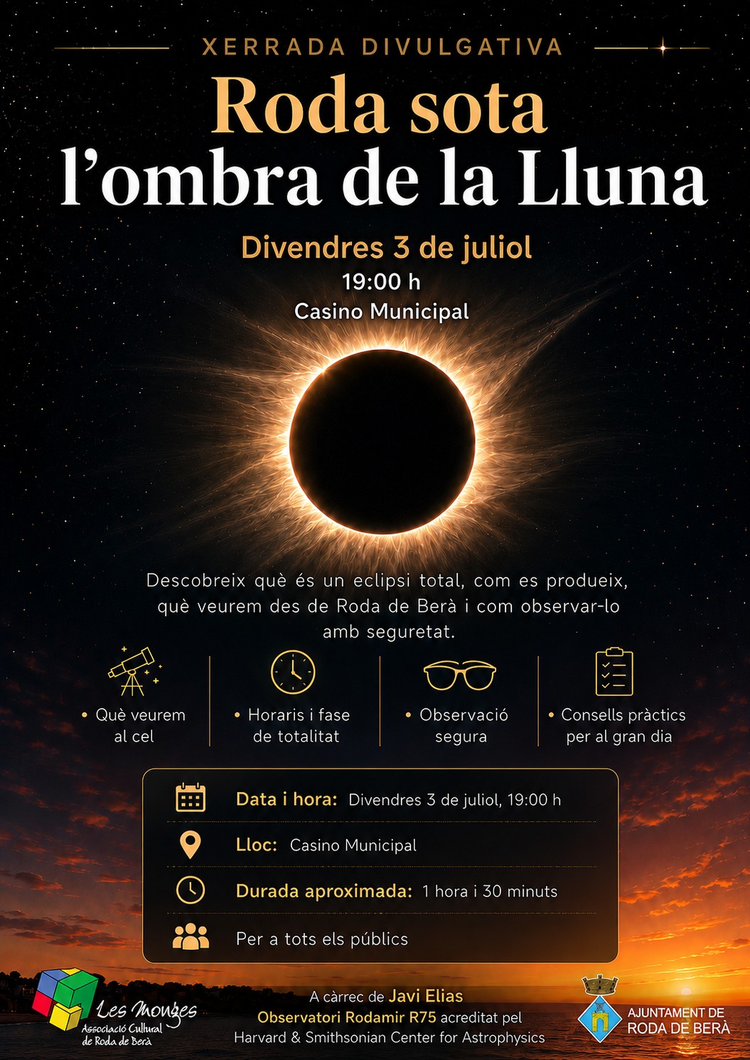 Descobreix l'eclipsi total des de Roda de Berà amb una xerrada divulgativa al Casino Municipal!