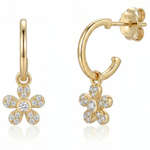 Sterling Silver Dangle Flower Hoop Earrings — Gold