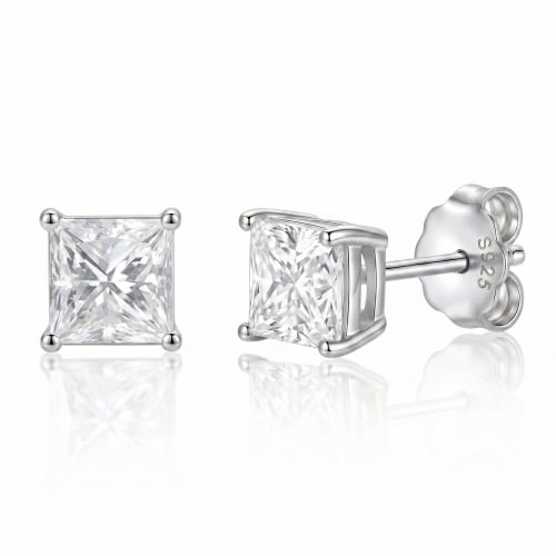 Sterling Silver Princess Cut Cubic Zirconia Stud Earrings — Silver