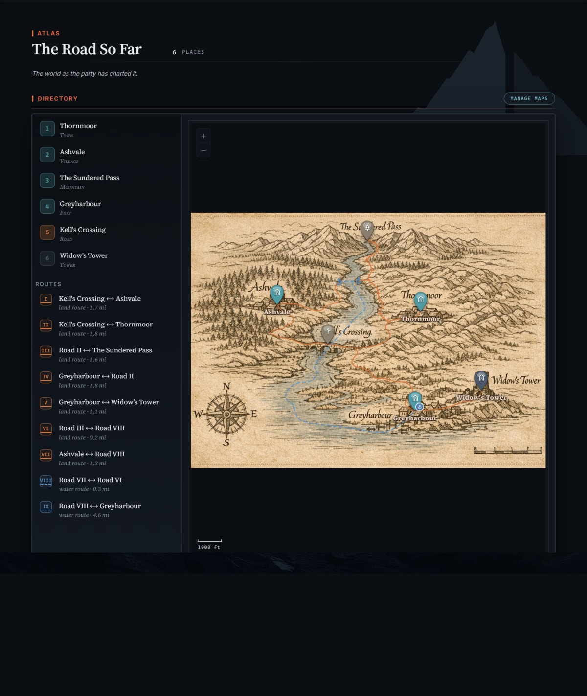 The Threadfall Atlas showing a fantasy map with pinned places and routes between them.
