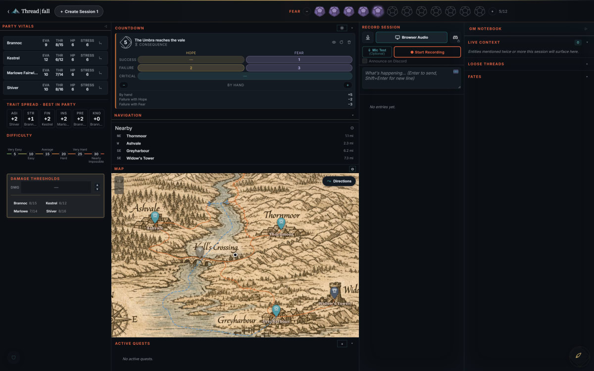 The Threadfall live screen during a Daggerheart session: Fear pool, an active countdown, party vitals and the GM notebook.