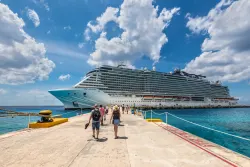 Large cruise ship at tropical port
