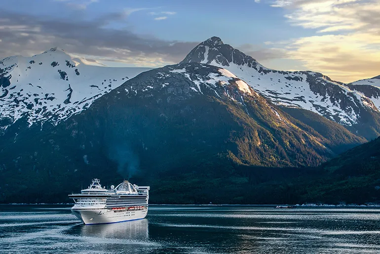Large cruise ship at tropical port