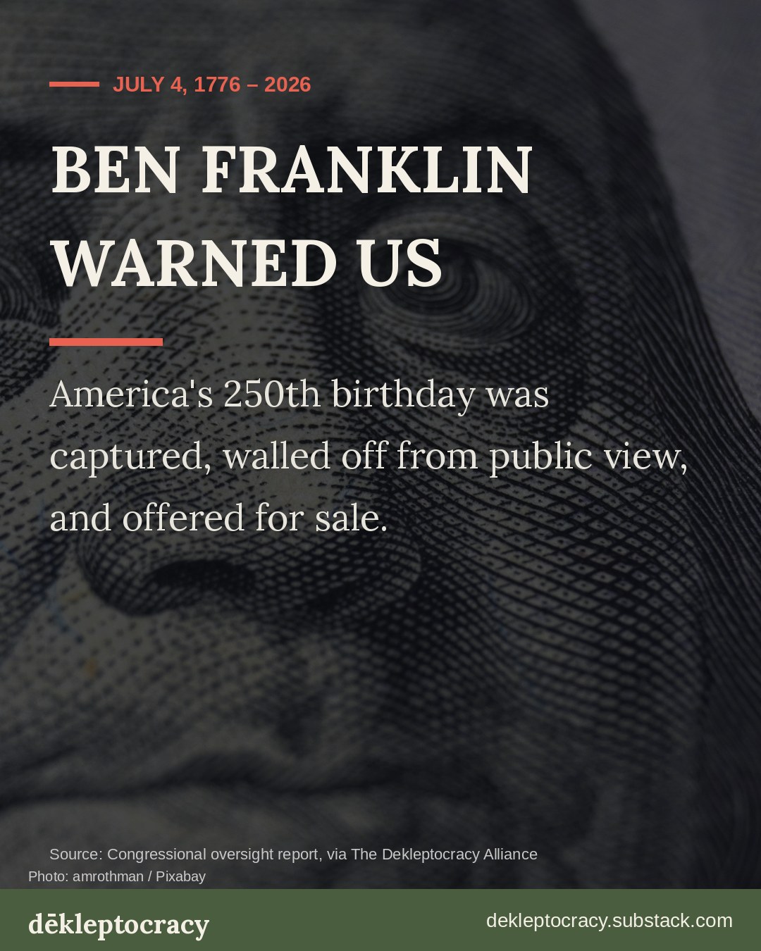 Ben Franklin's face from the hundred dollar bill with the headline Ben Franklin Warned Us
