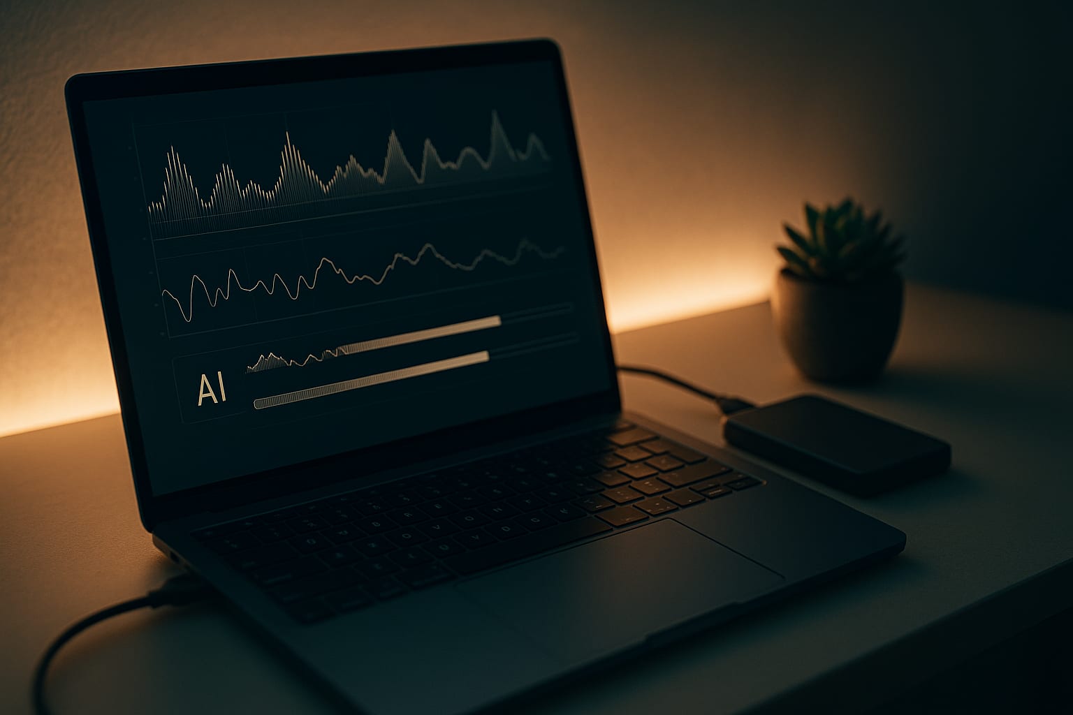 لقطة مقربة لجهاز لابتوب يعرض مراحل عمل أداة تحريك الوجه الذكي مع عناصر تقنية بجانبه