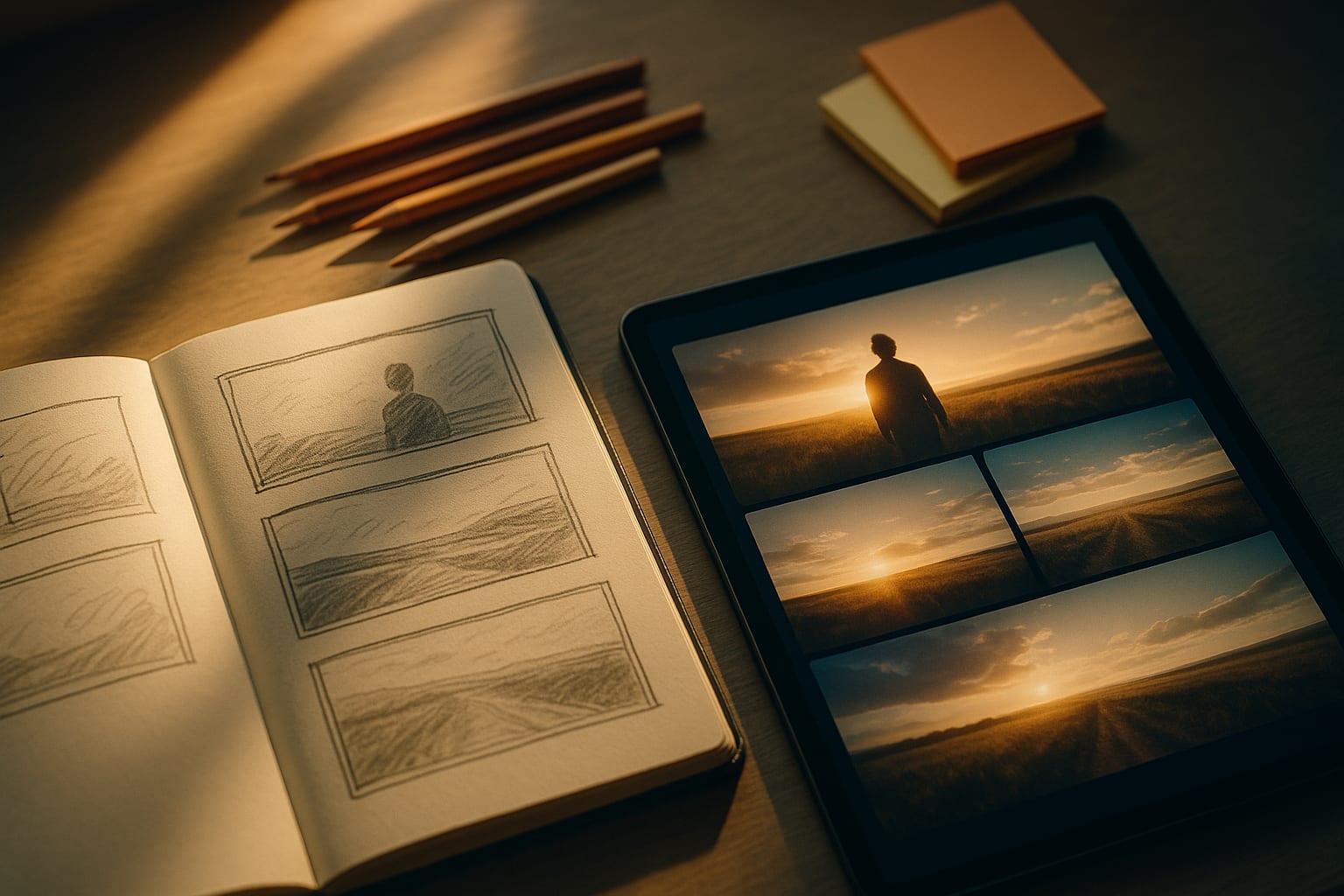 رسم توضيحي على طاولة يوضح مفهوم توسيع المشهد للصور باستخدام الذكاء الاصطناعي