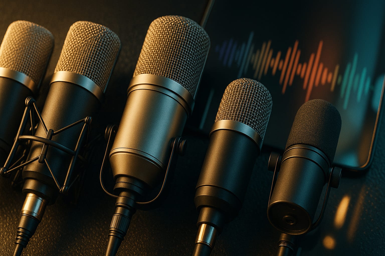 مجموعة ميكروفونات احترافية تعبر عن تنوع الأصوات العربية وخيارات الذكاء الاصطناعي