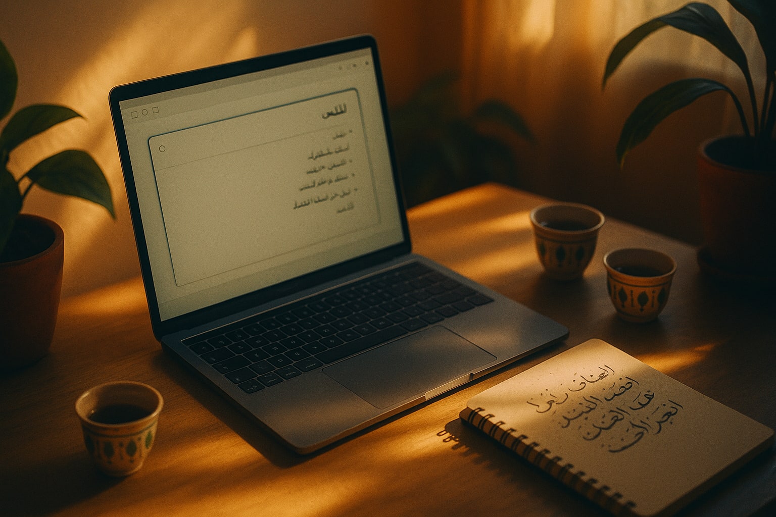 مساحة عمل تعرض واجهة عربية على الكمبيوتر مع عناصر عربية لصناعة المحتوى