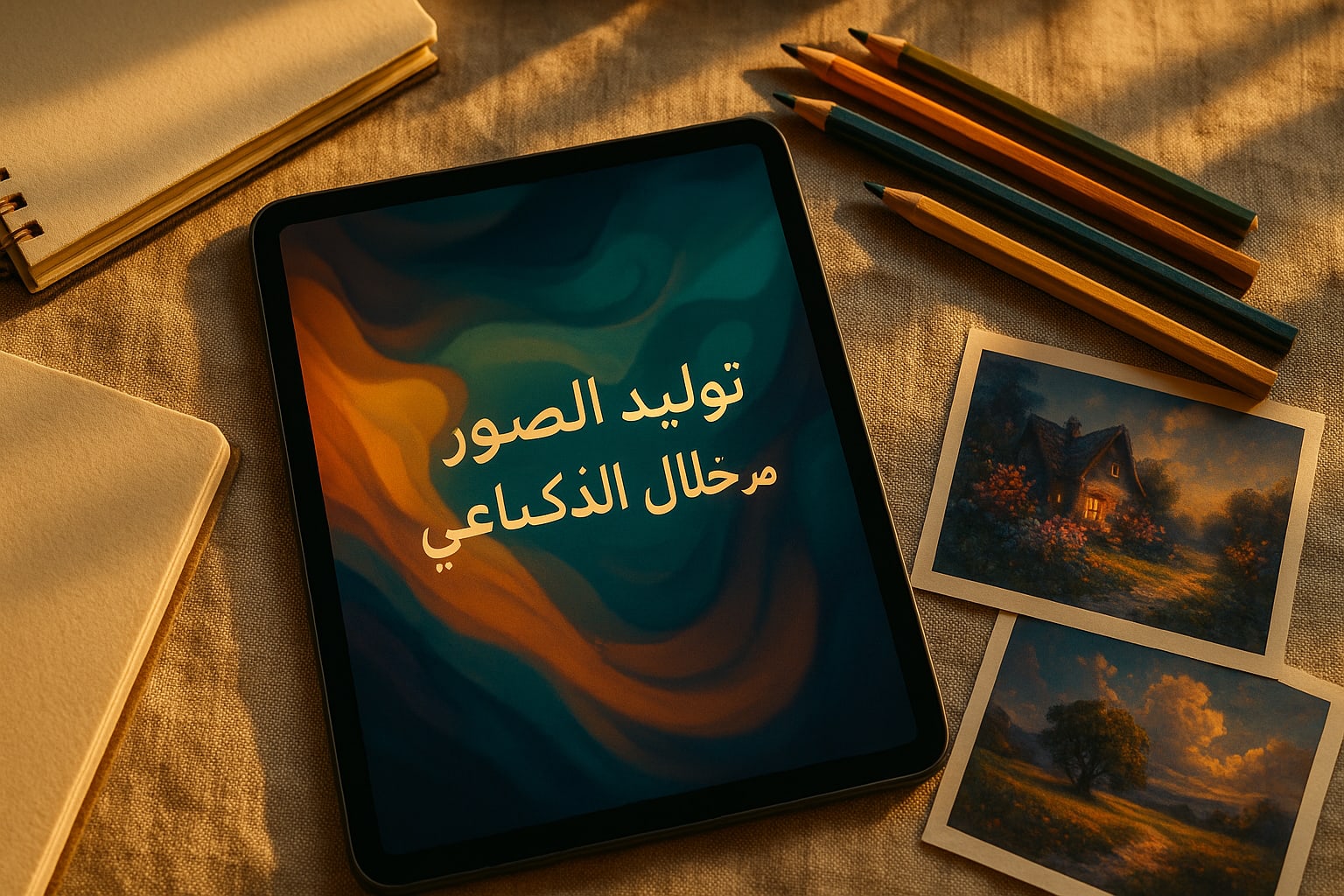 جهاز لوحي يعرض أداة ذكاء اصطناعي لإنتاج صورة عربية مع رسومات ملونة وأدوات تصميم
