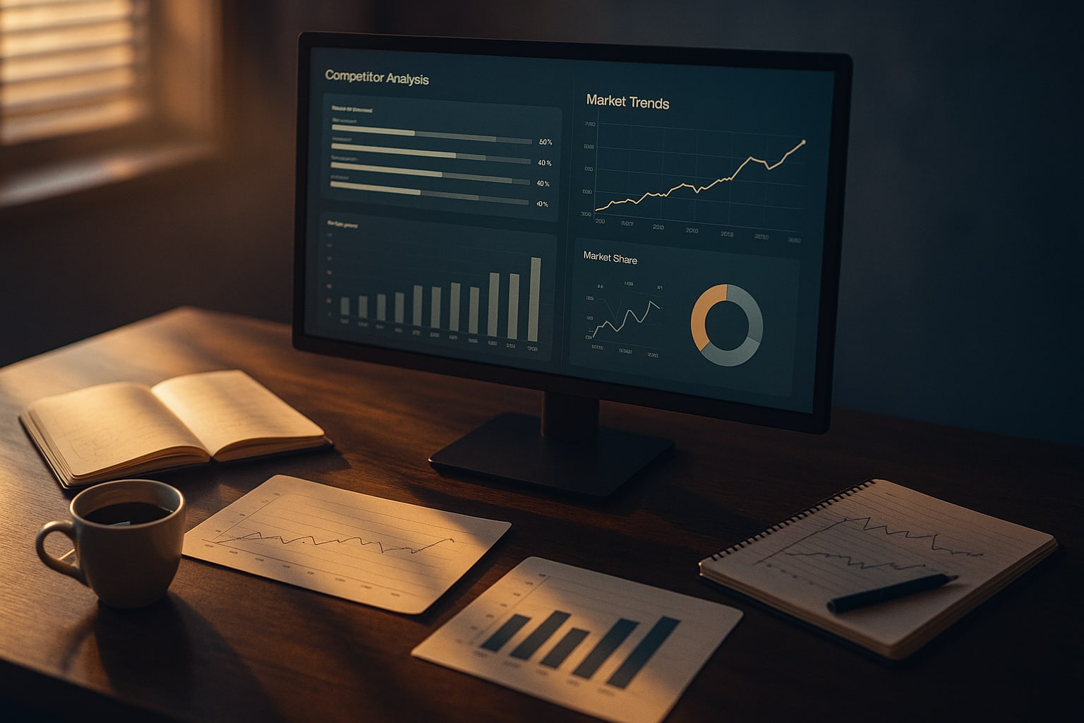 شاشة تعرض تحليلات منافسين وسوق باستخدام الذكاء الاصطناعي في التسويق