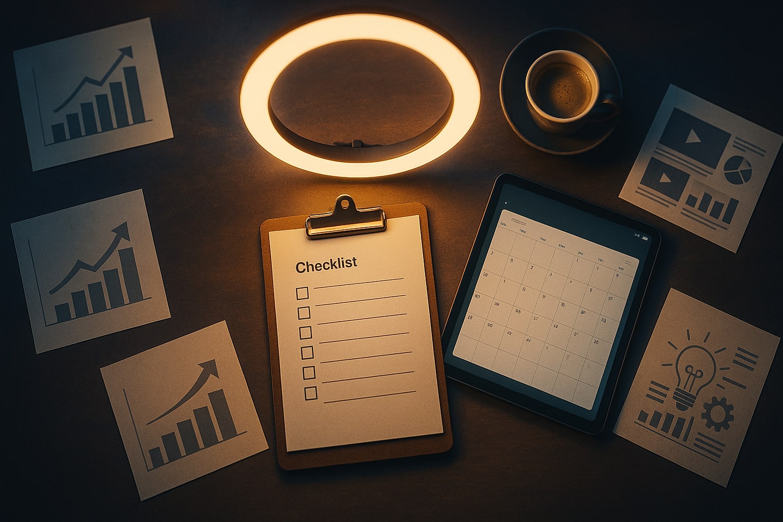 مشهد مكتبي من الأعلى يبرز أدوات تنظيم العمل وخطة تسويق منشورات إعلانية بالذكاء الاصطناعي
