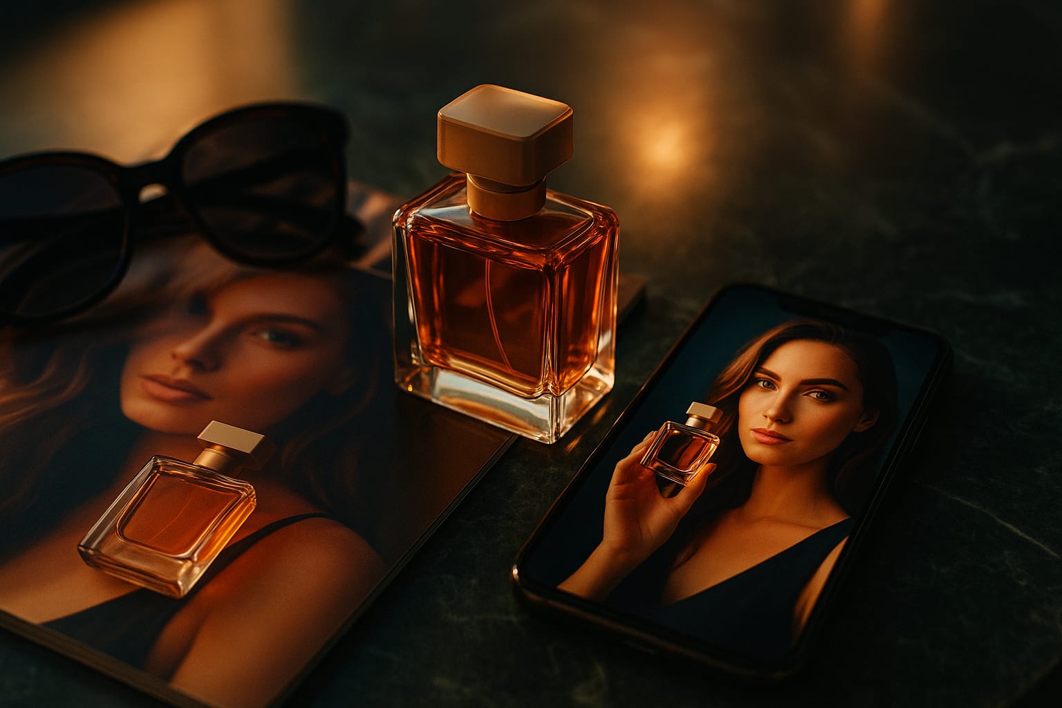 زجاجة عطر على سطح رخامي بجانب هاتف يعرض صورة المنتج مع مودل ذكاء اصطناعي