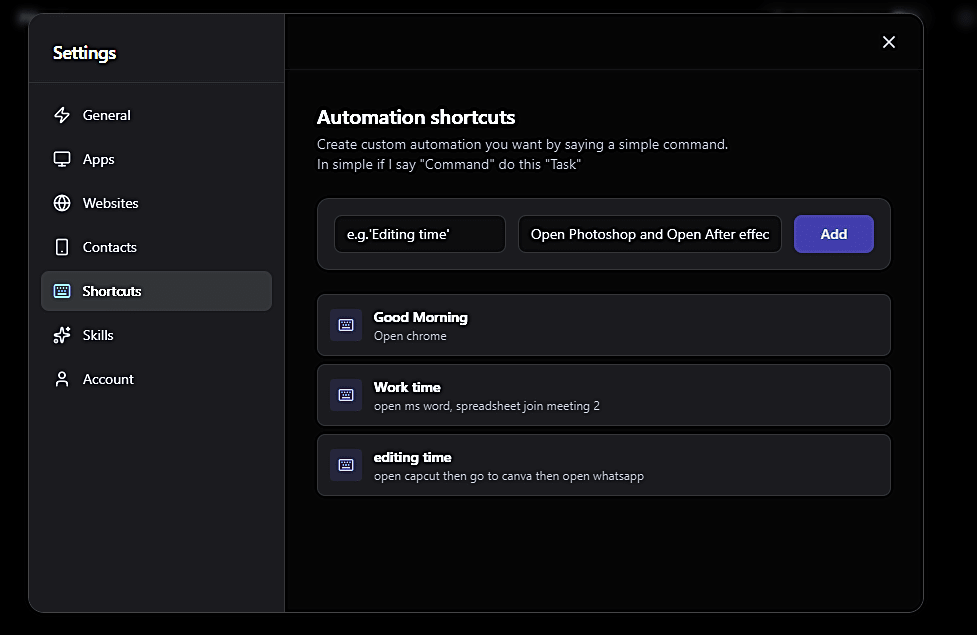 Pika Voice Assistant interface showing custom keyword trigger setup