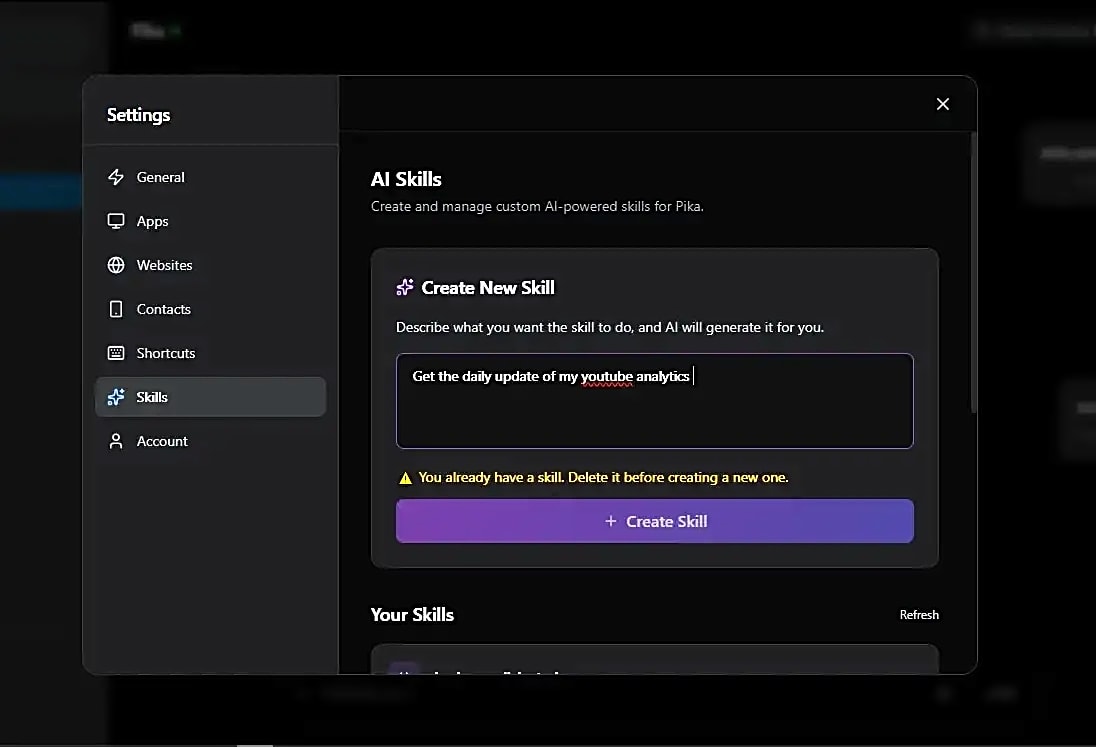 Pika Skill Maker interface showing AI learning new custom skills