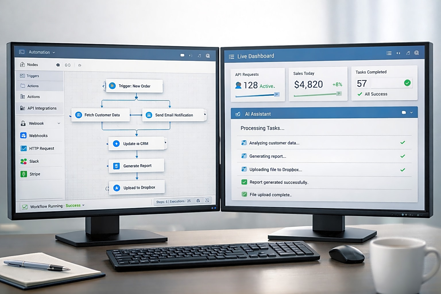 Modern automation workspace with multiple screens and AI tools running