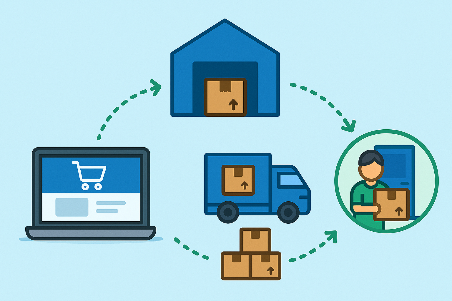 Illustration showing dropshipping process with online store, delivery truck, and packages moving directly from supplier to customer, representing no inventory needed