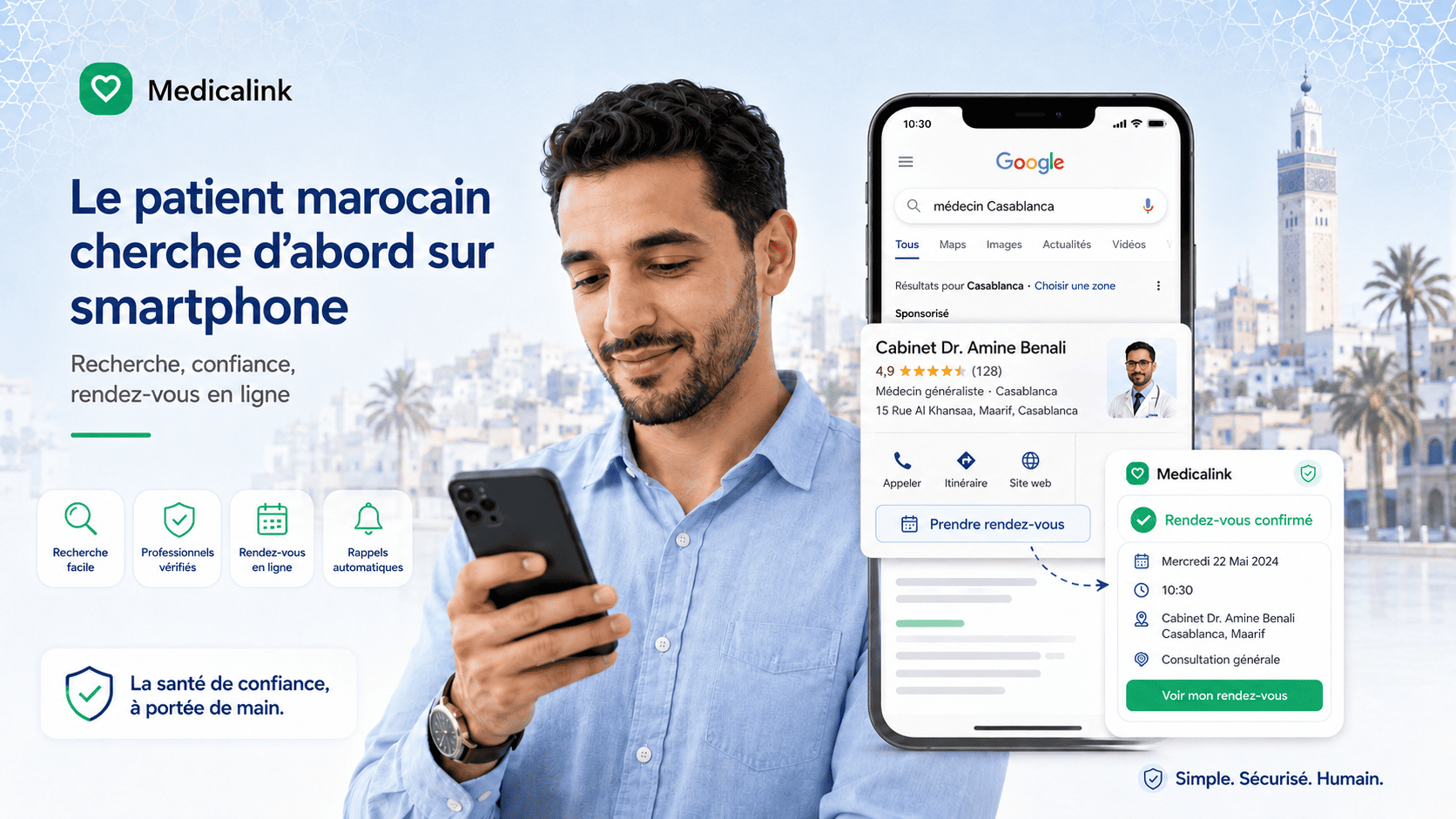 Patient marocain utilisant son smartphone pour rechercher un médecin sur Google et prendre rendez-vous en ligne