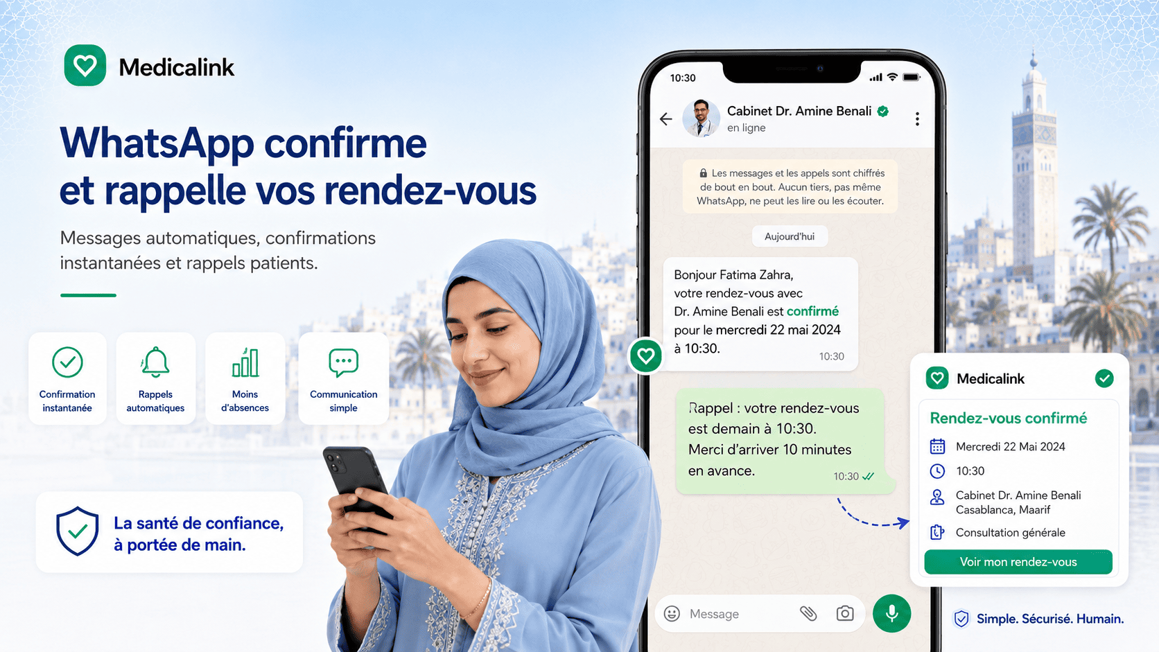 Confirmation et rappel de rendez-vous médical via WhatsApp pour un patient marocain