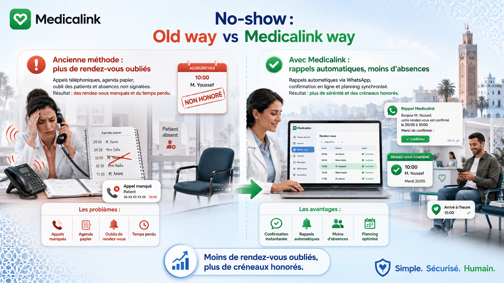 Comparaison entre ancienne méthode avec rendez-vous oubliés et méthode Medicalink avec rappels automatiques