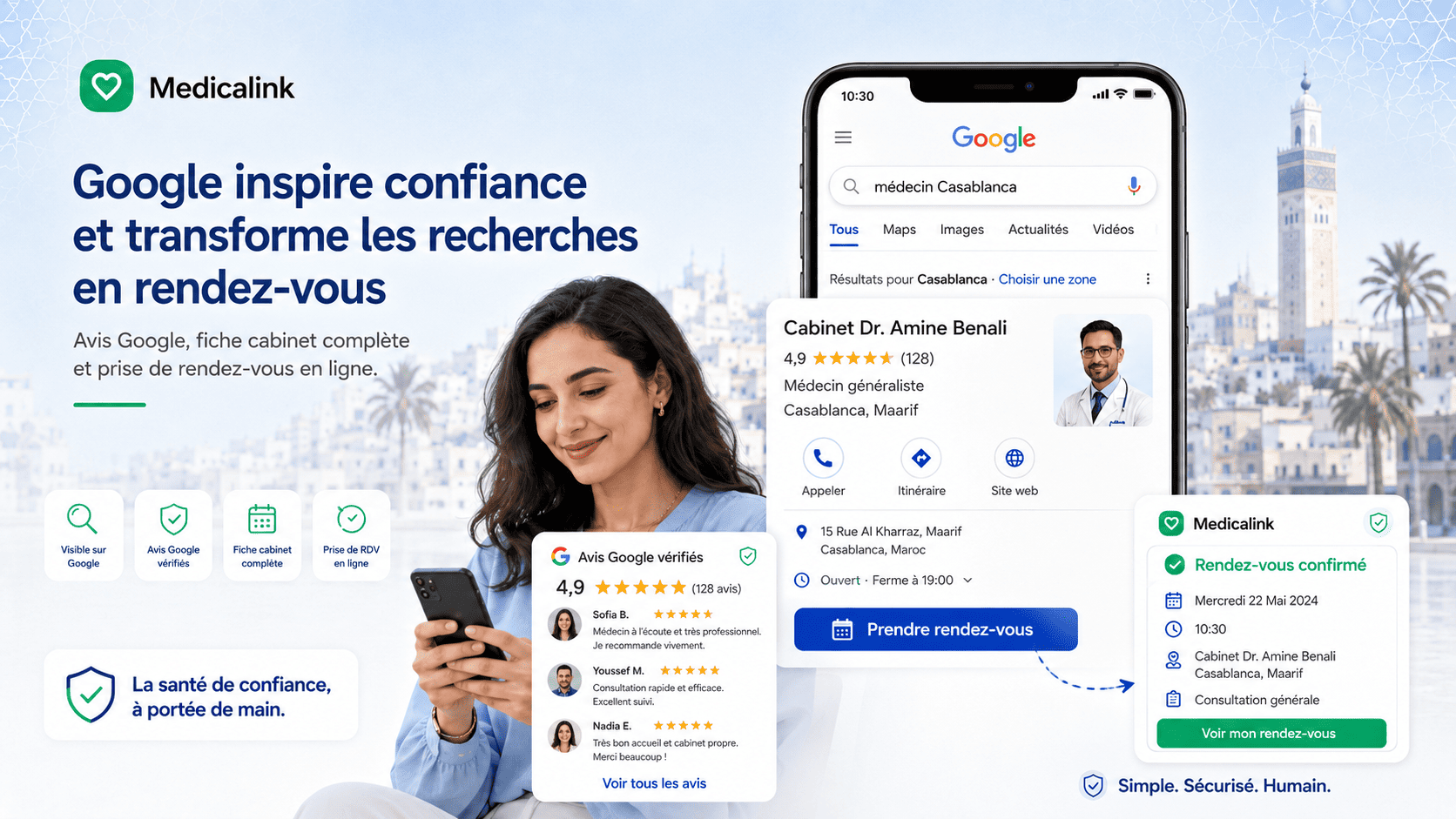 Fiche Google d’un cabinet médical au Maroc avec avis, adresse, site web et bouton de prise de rendez-vous