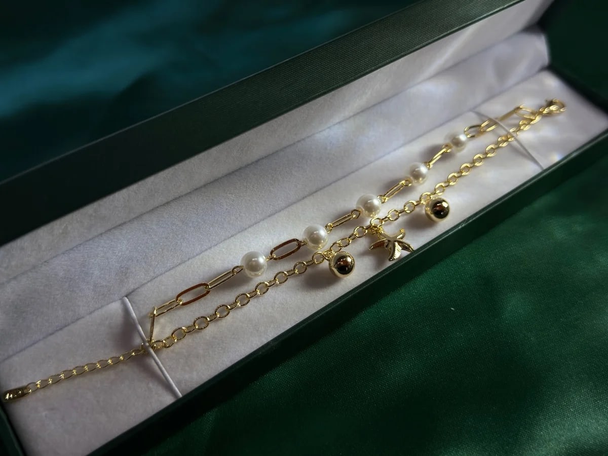 Pulsera Doble Playera en Chapa de Oro 18k con Perlas — vista 2