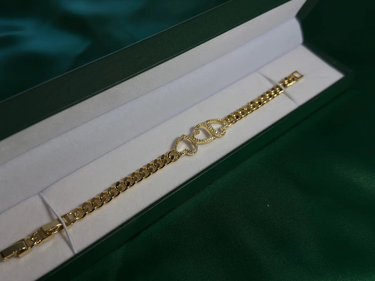 Pulsera Chapa de Oro 18k Cadena Herrería y Corazones — vista 5