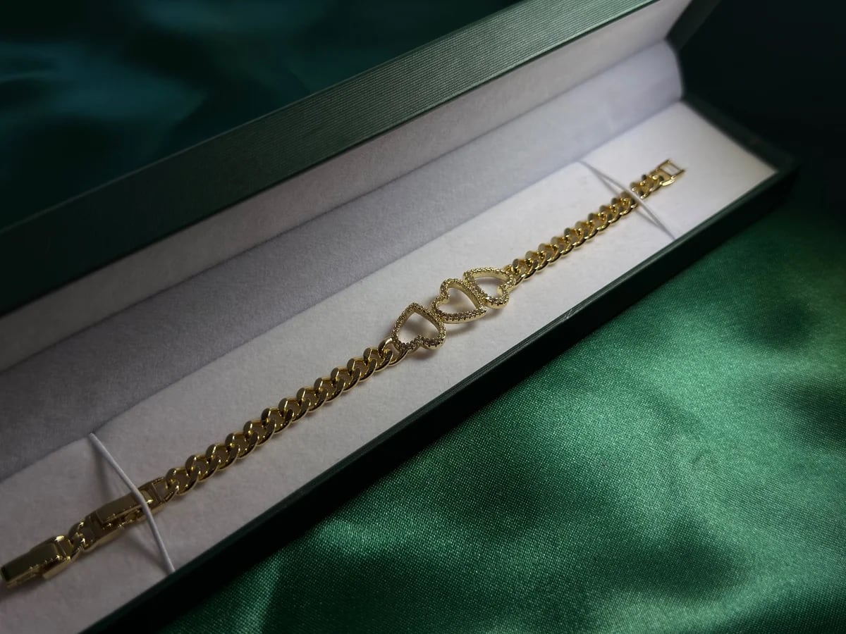 Pulsera Chapa de Oro 18k Cadena Herrería y Corazones — vista 6