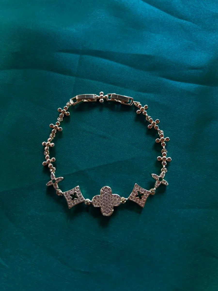 Pulsera Cadena Biselado con Flores y Diamantes Chapa de Oro — vista 5