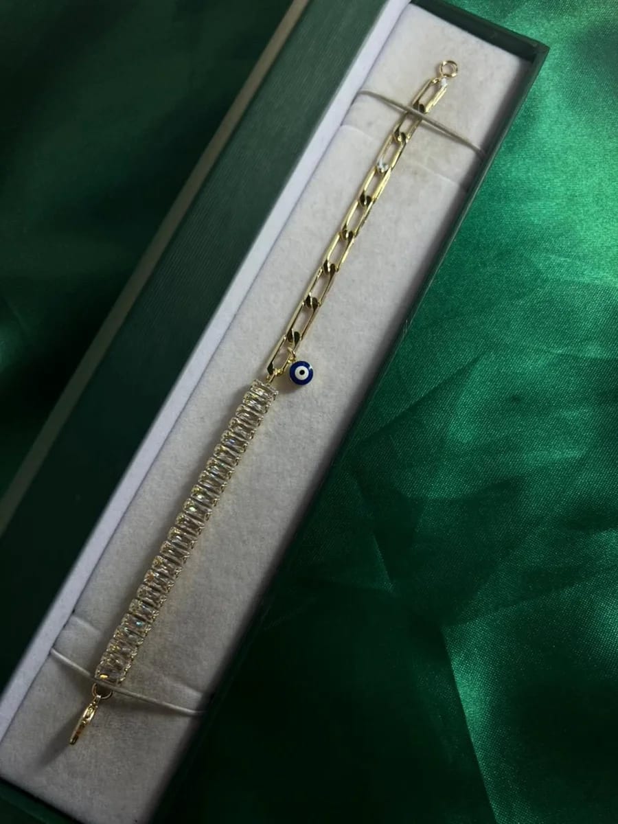 Pulsera Mitad Circonias y Eslabones con Dije Ojo Turco Chapa de Oro 18k — vista 2