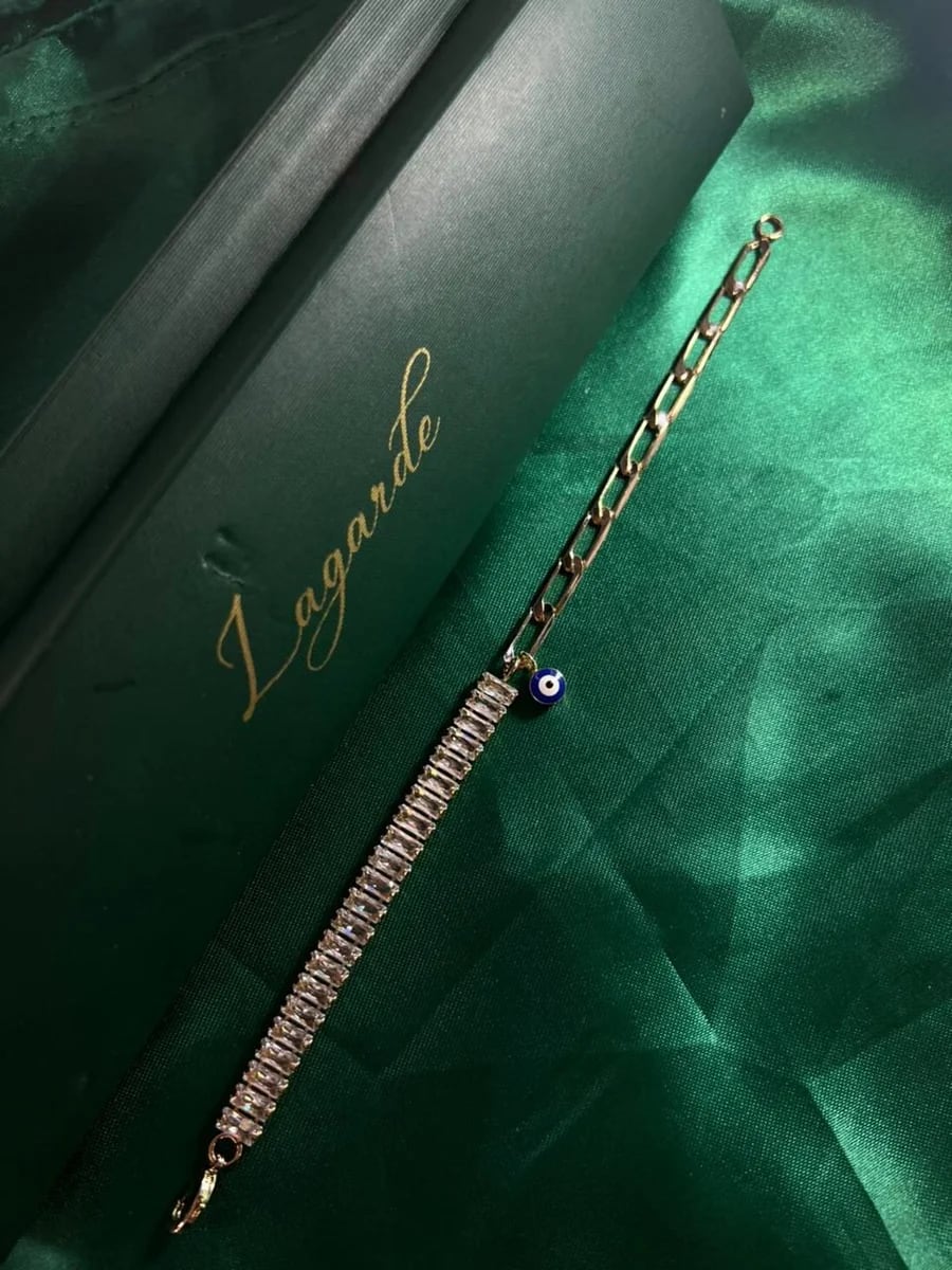 Pulsera Mitad Circonias y Eslabones con Dije Ojo Turco Chapa de Oro 18k — vista 3
