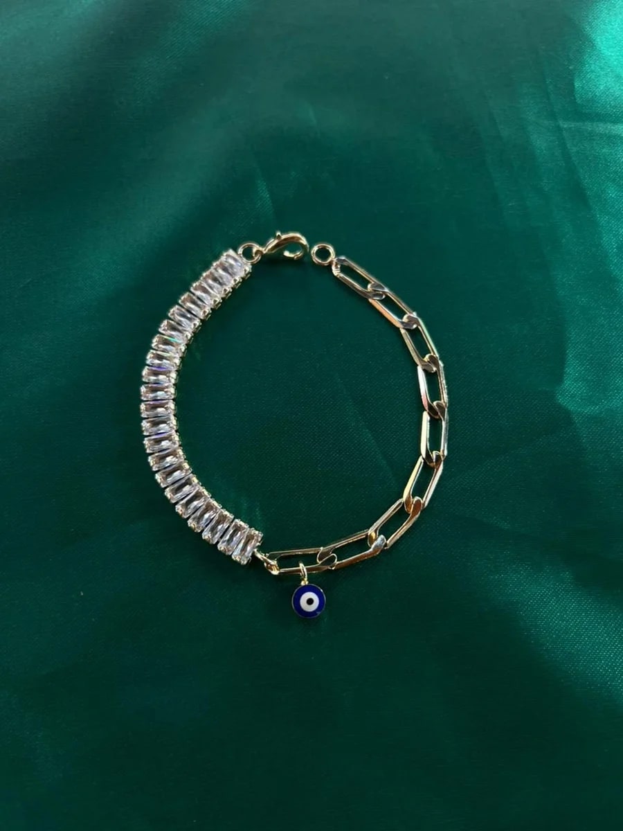 Pulsera Mitad Circonias y Eslabones con Dije Ojo Turco Chapa de Oro 18k — vista 5