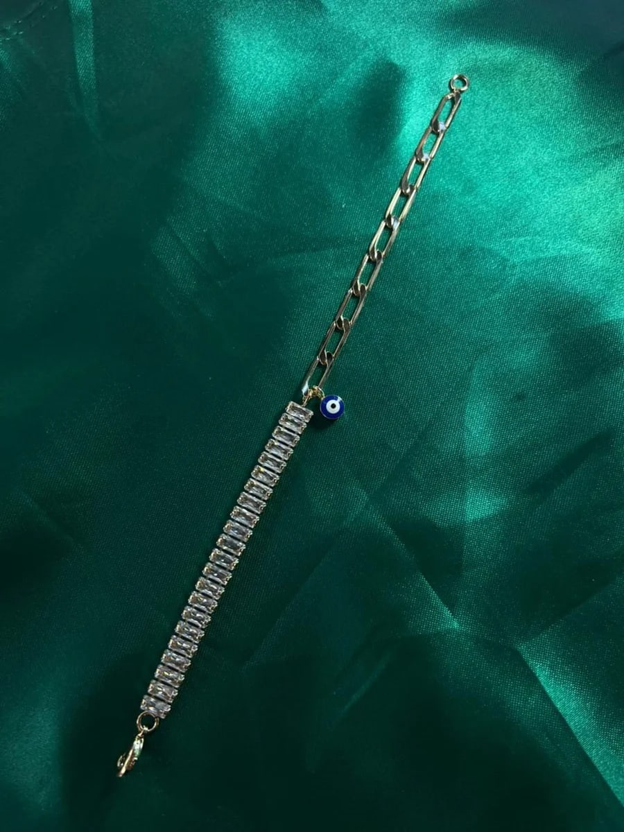 Pulsera Mitad Circonias y Eslabones con Dije Ojo Turco Chapa de Oro 18k — vista 7
