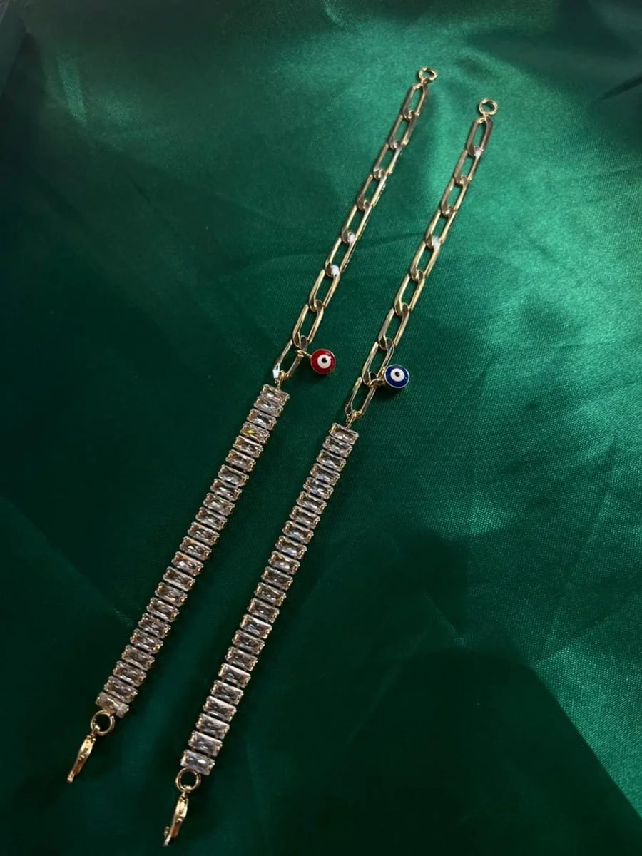 Pulsera Mitad Circonias y Eslabones con Dije Ojo Turco Chapa de Oro 18k — vista 3