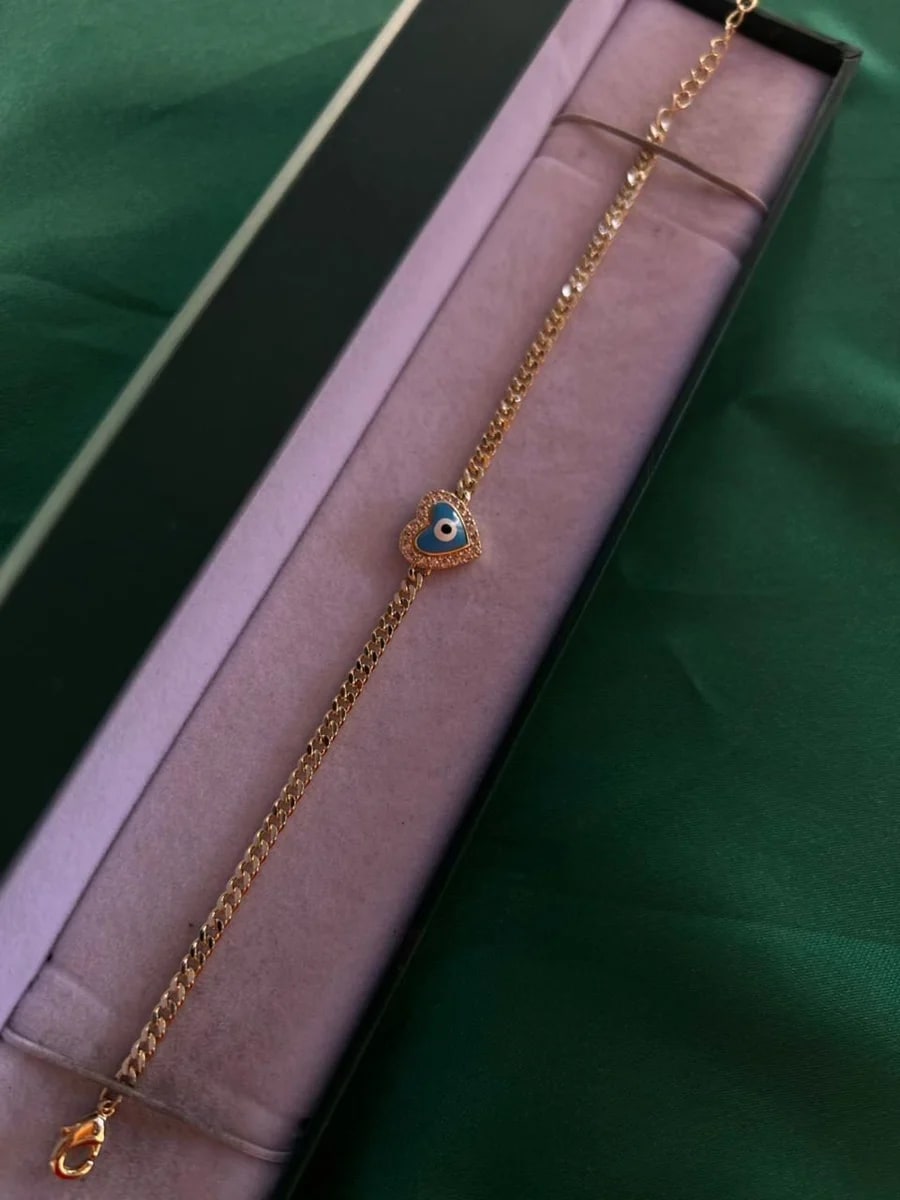 Pulsera Eslabones con Dije Corazón Ojo Turco Chapa de Oro 18k — vista 2